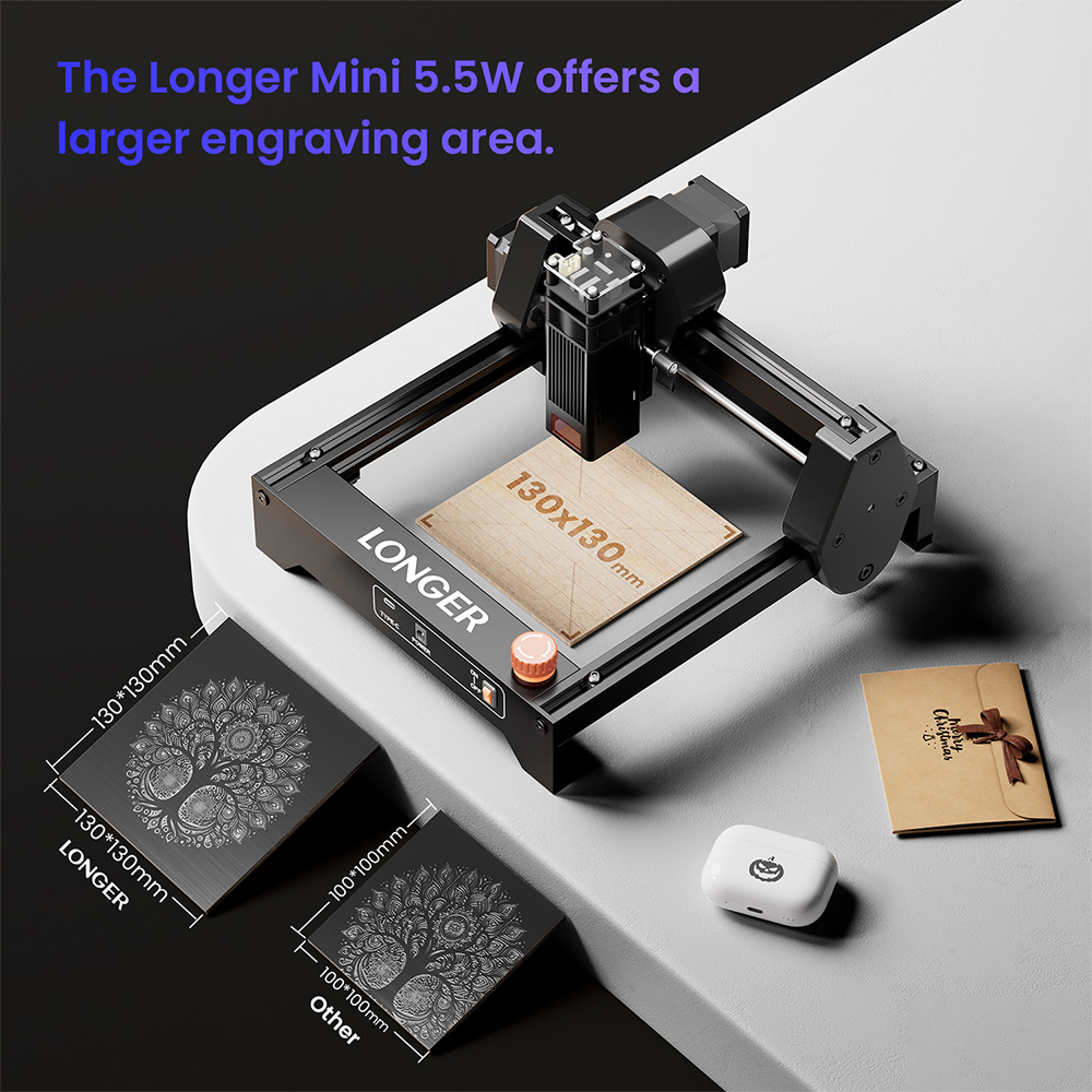 LONGER Ray5 Mini 5,5W Lasergravierer, 0,08&times;0,08mm Laserpunkt, 12000mm/min Geschwindigkeit, 130&times;130mm Arbeitsbereich, 8mm Schnitttiefe, WLAN-/USB-/App-Steuerung, kompatibel mit Holz/Acryl/Leder/Metall/Keramik