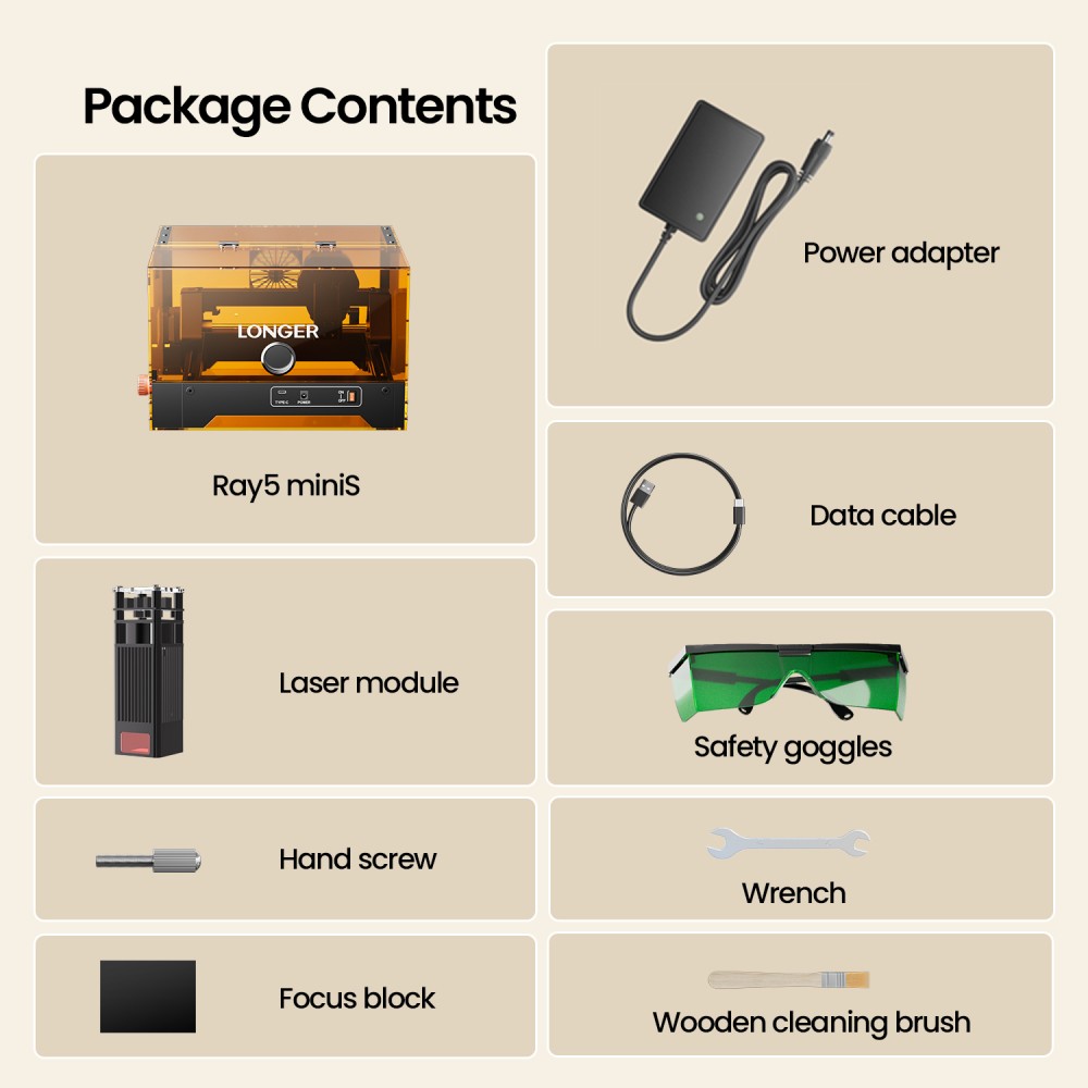 LONGER Ray5 MiniS 10W Enclosed Laser Engraver, Class 1 Safety Protection, 0.1mm Precision, 12000mm/min Speed, 130&times;120mm Work Area, 20mm Cutting Depth, WiFi/USB/App Control, Compatible with Wood/Acrylic/Leather/Metal/Ceramic