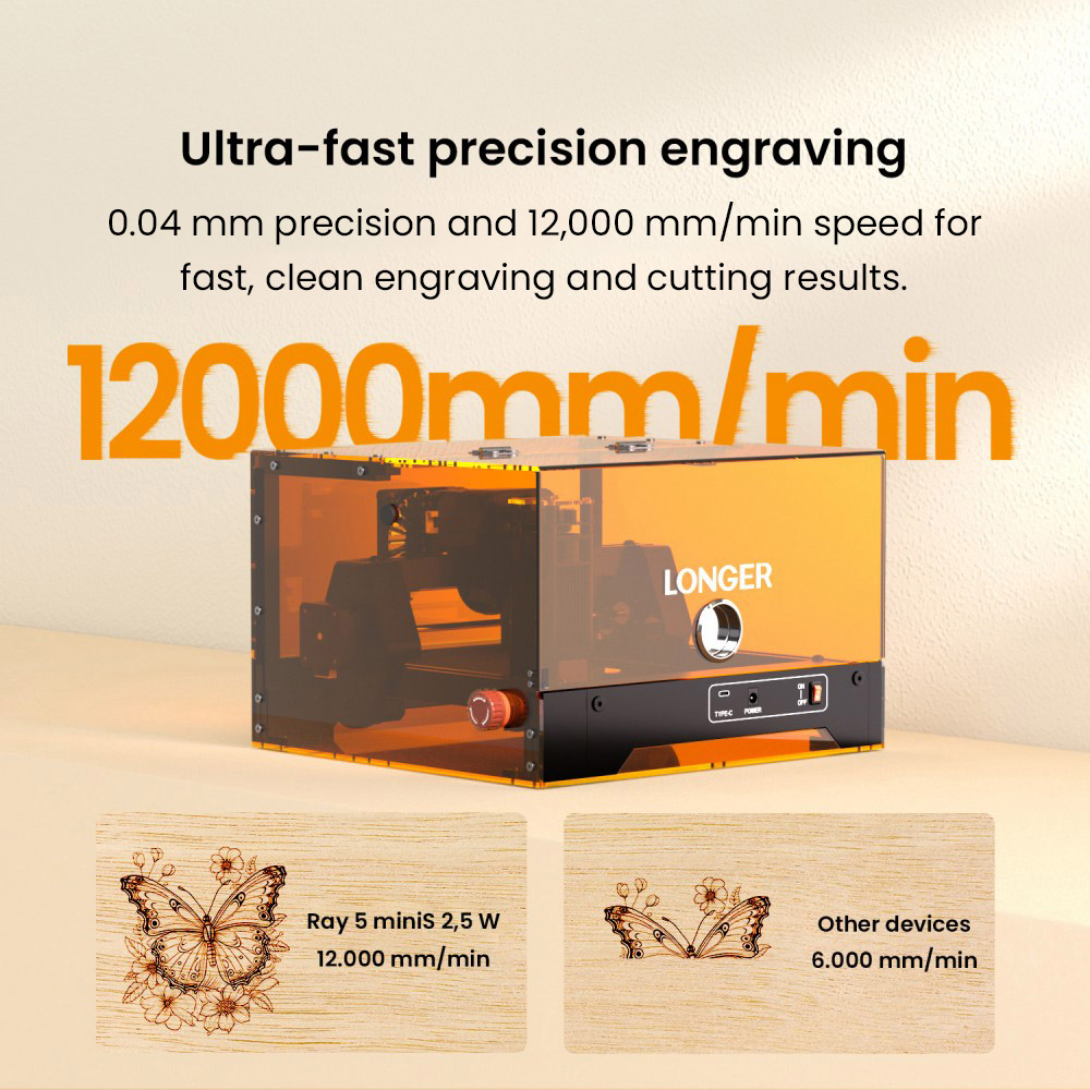 LONGER Ray5 MiniS 2.5W Enclosed Laser Engraver, 0.04mm Precision, 12000mm/min Speed, 130&times;140mm Work Area, Class 1 Safety Protection, WiFi/USB/App Control, Compatible with Wood/Acrylic/Leather/Metal/Ceramic