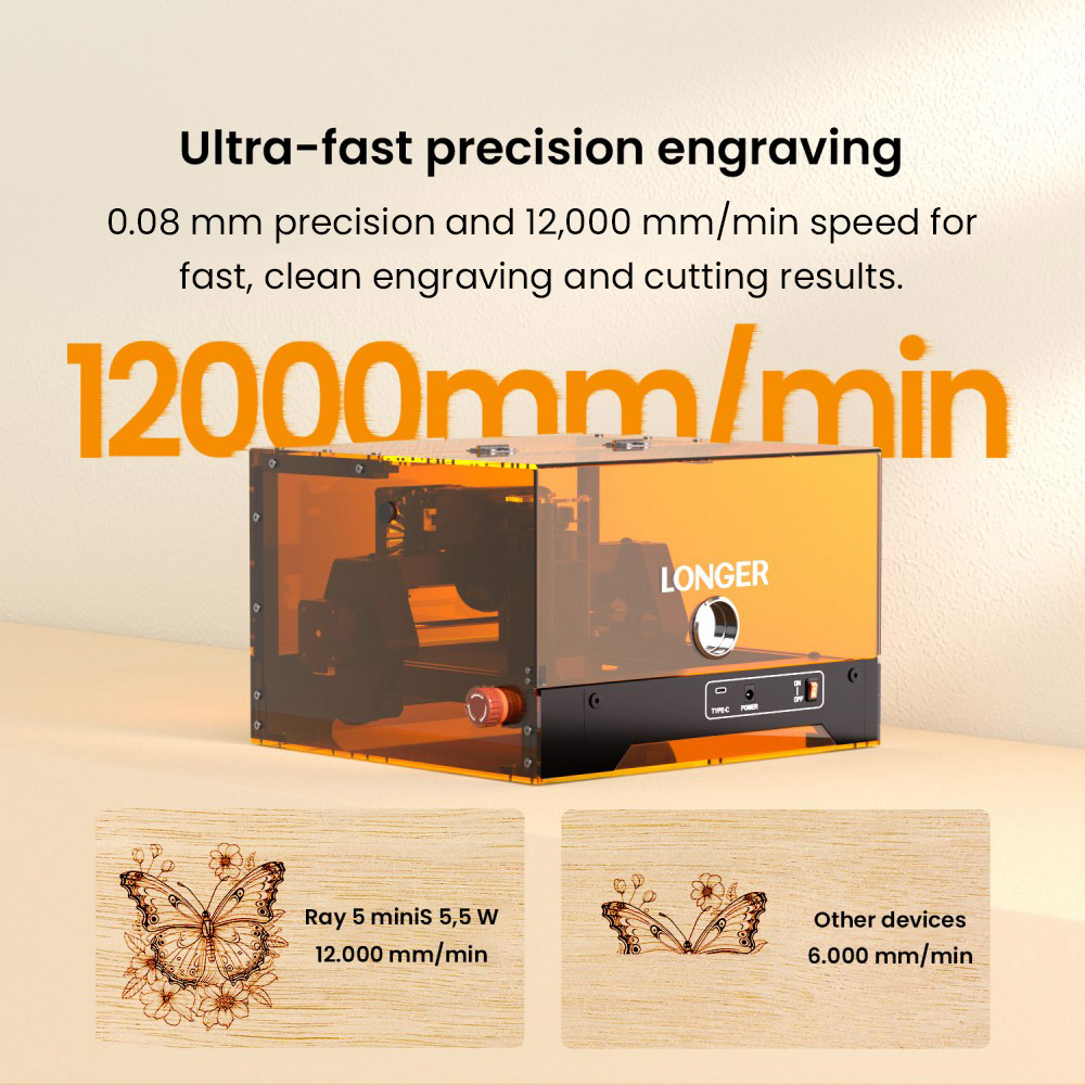 LONGER Ray5 MiniS 5.5W Enclosed Laser Engraver, Class 1 Safety Protection, 0.08mm Precision, 12000mm/min Speed, 130×120mm Work Area, 8mm Cutting Depth, WiFi/USB/App Control, Compatible with Wood/Acrylic/Leather/Metal/Ceramic