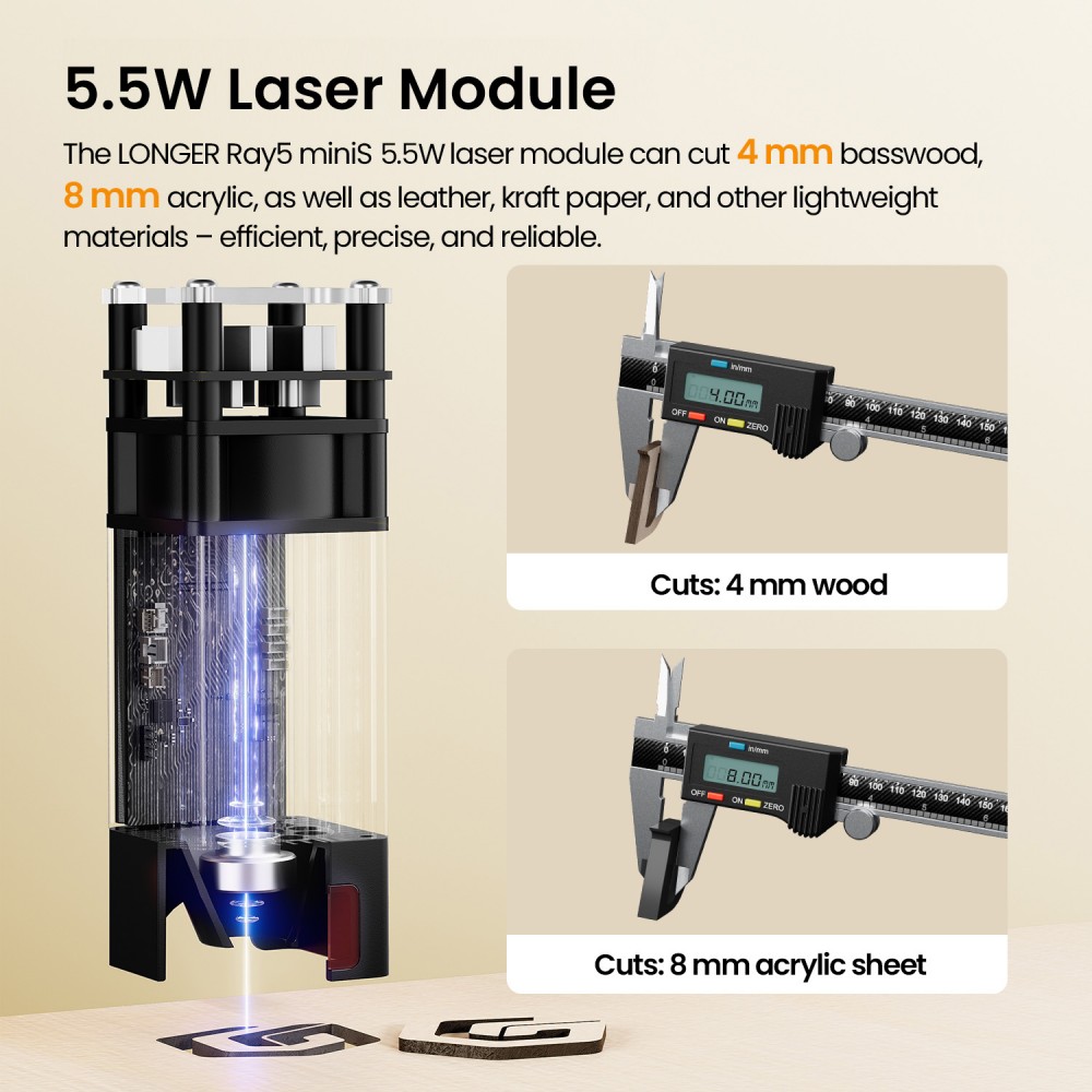 LONGER Ray5 MiniS 5.5W Enclosed Laser Engraver, Class 1 Safety Protection, 0.08mm Precision, 12000mm/min Speed, 130×120mm Work Area, 8mm Cutting Depth, WiFi/USB/App Control, Compatible with Wood/Acrylic/Leather/Metal/Ceramic
