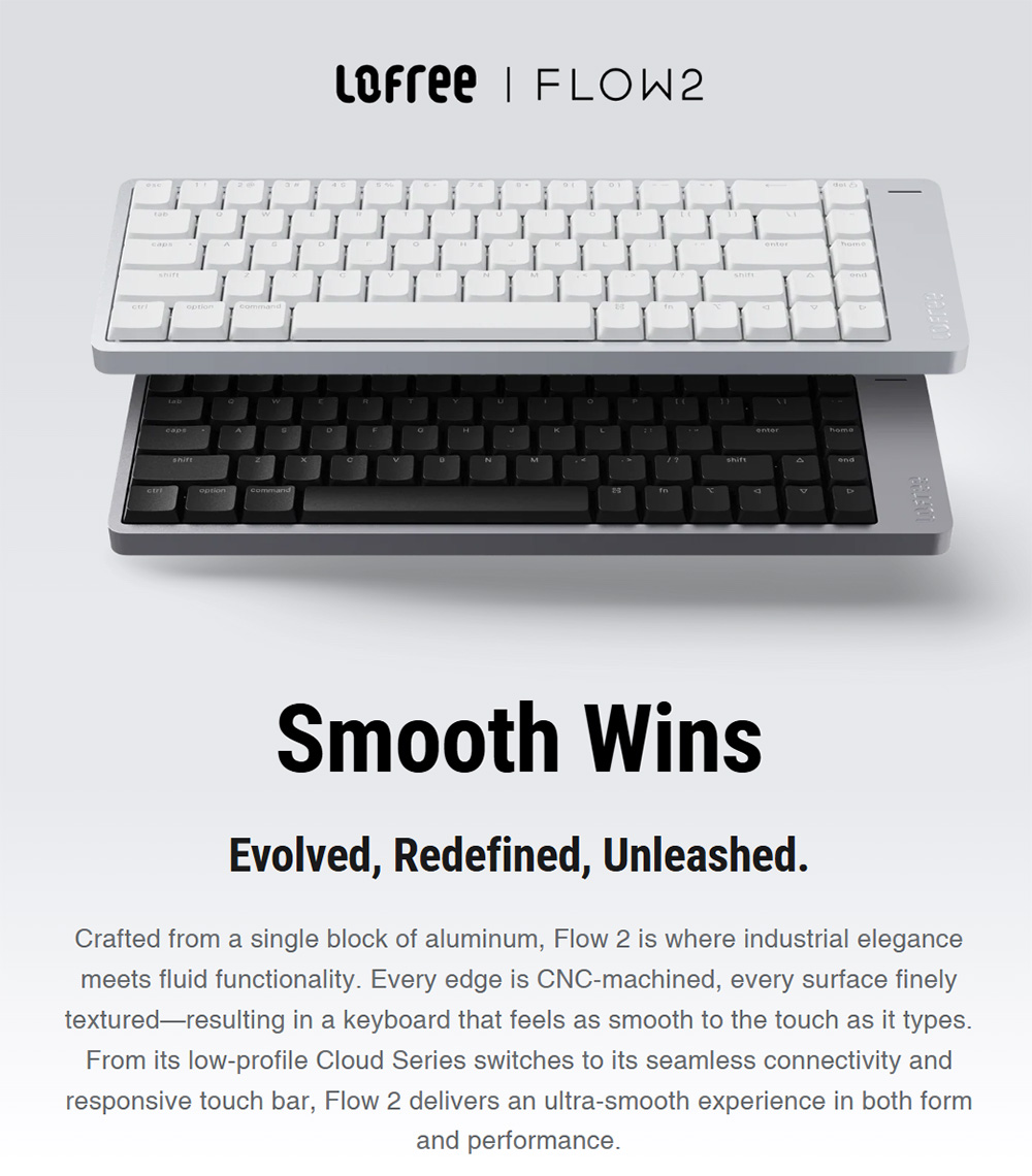 Lofree Flow 2 84 Tri-Mode Wireless Low Profile Mechanical Keyboard, 84-Key Gasket Mount, PBT + PC Double-Shot Keycaps, Lofree x Kailh Void Silence Linear Switch, Aluminum Case - White