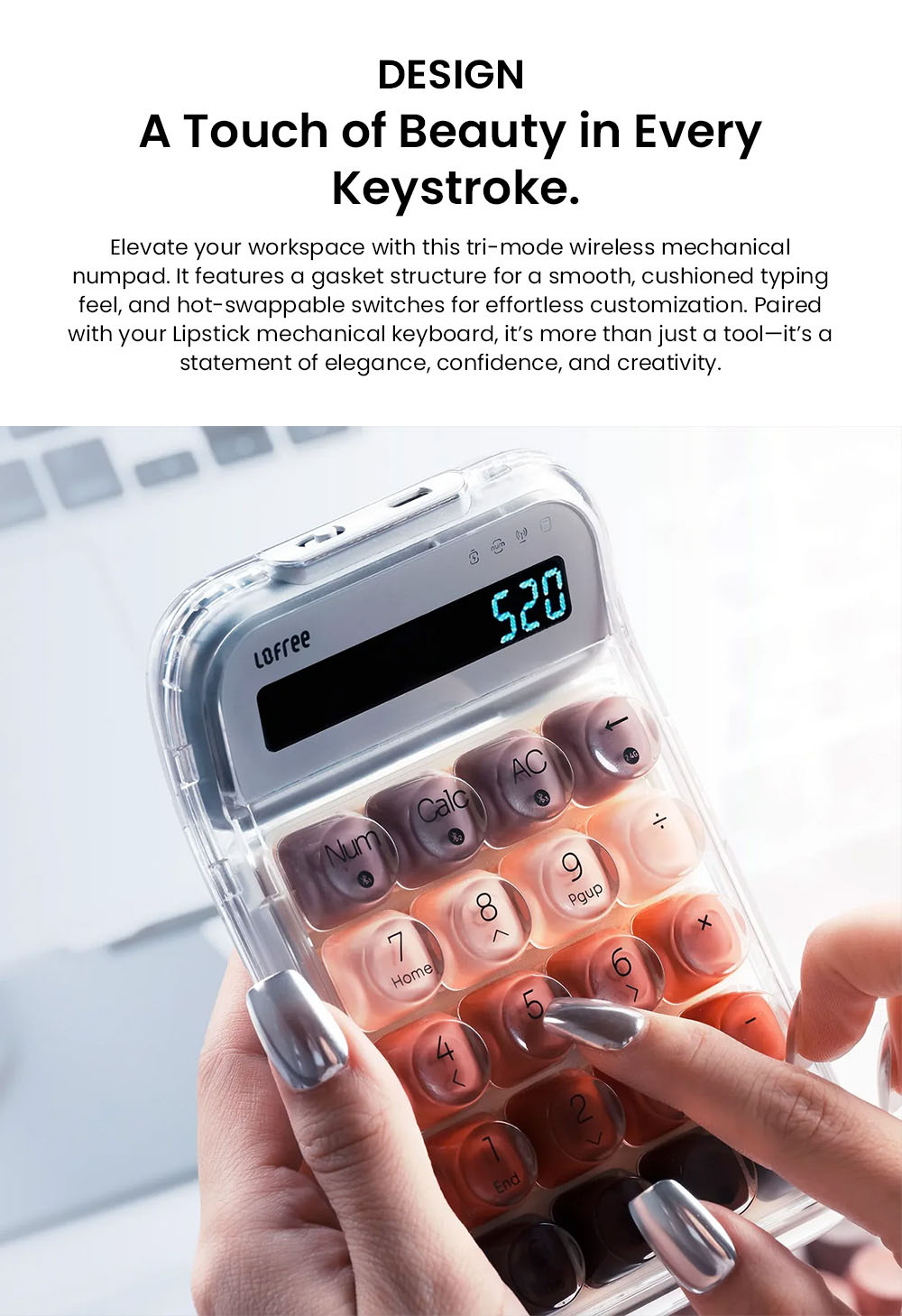 Lofree Lipstick Tri-Mode Wireless Numpad, 20-Key Numeric Keypad & Calculator, Bluetooth 5.3/2.4G/USB-C, Hot-Swappable, Adjustable Backlight