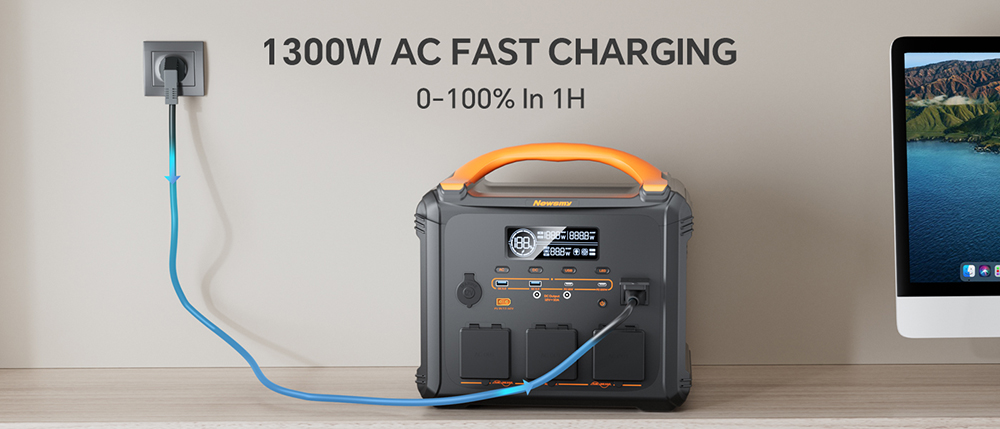 NEWSMY S1210 Tragbare Powerstation 2000W, 3000W Spitzenleistung, 1102,5Wh LiMnFePO₄-Akku, 1300W AC-Schnellladung, MPPT-Solargenerator, 3&times;AC-, USB-C- und DC-Ausg&auml;nge f&uuml;r Notstromversorgung zu Hause, Camping und netzunabh&auml;ngigen Betrieb