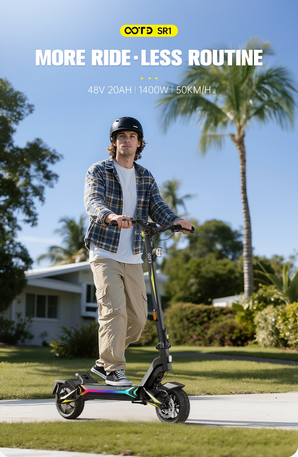 OOTD SR1 Skladacia elektrická kolobežka, 1400W výkonný motor, 48V 20Ah batéria, max. rýchlosť 50km/h, dojazd až 70km, 10" pneumatiky, dvojkotúčové brzdy, 20° stúpanie, 120kg zaťaženie