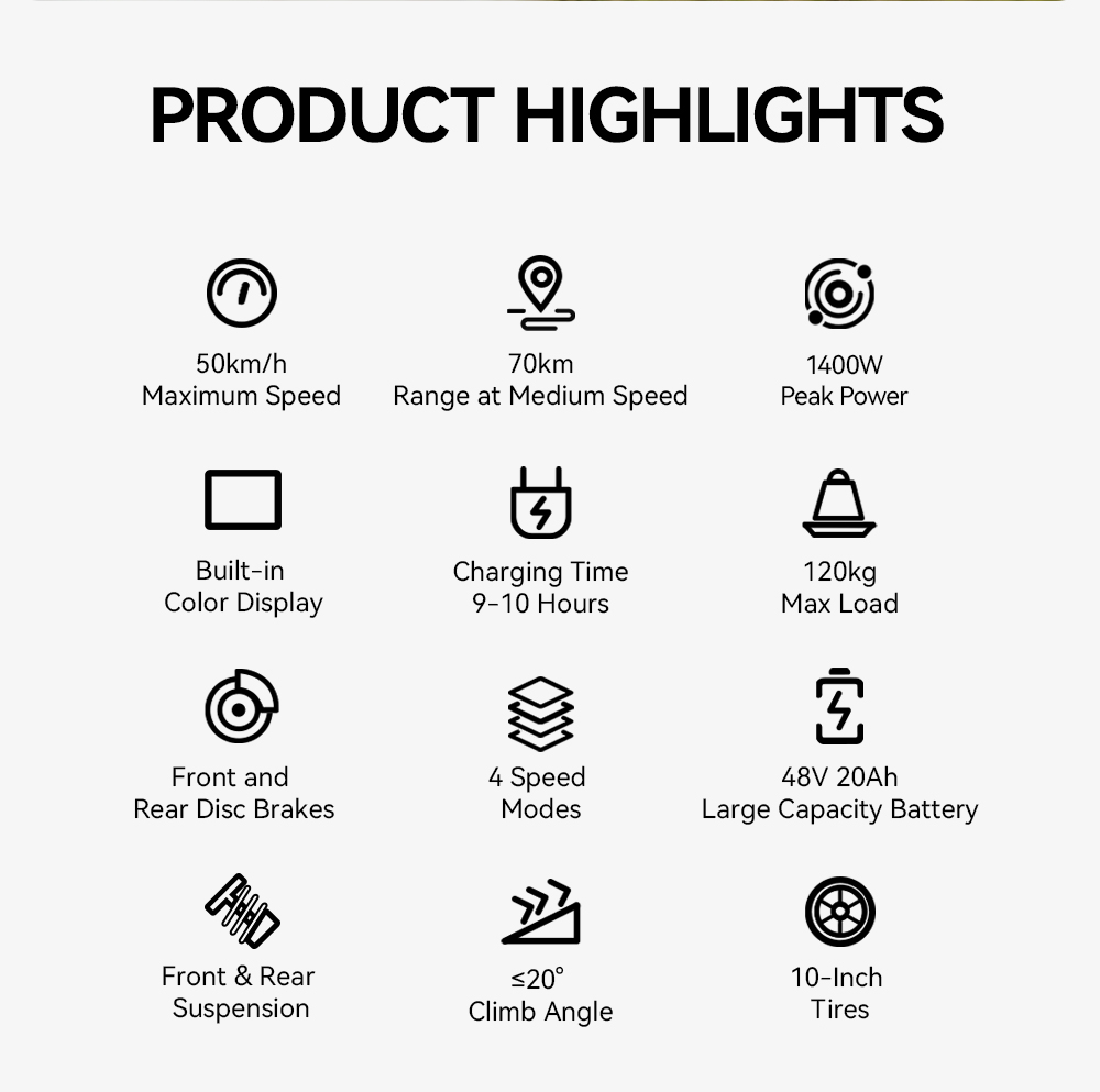 OOTD SR1 Skladacia elektrická kolobežka, 1400W výkonný motor, 48V 20Ah batéria, max. rýchlosť 50 km/h, dojazd až 70 km, 10" pneumatiky, dvojkotúčové brzdy, 20° stúpanie, 120kg zaťaženie