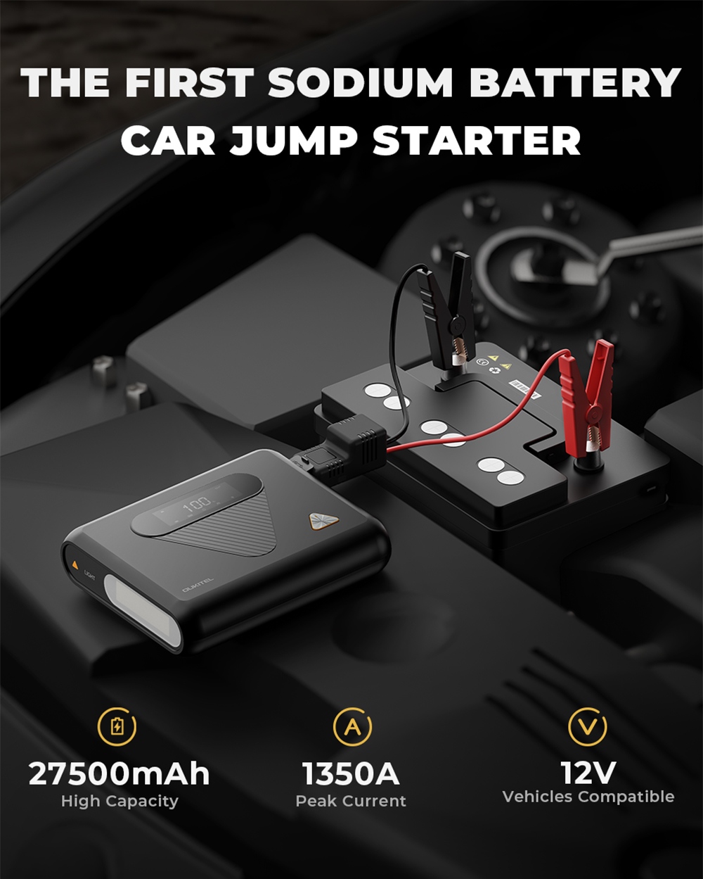 OUKITEL C01 Car Jump Starter, 1350A Peak, 27500mAh Sodium-Ion Battery, 60W PD Fast Charging, 12V Auto Battery Booster for Gas 8.0L Diesel 5.0L Engines, LED Emergency Light