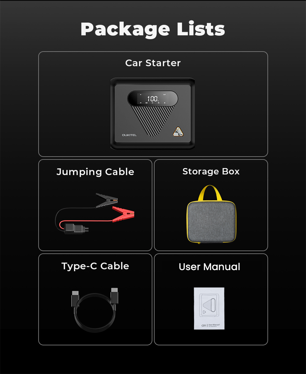 OUKITEL C01 Car Jump Starter, 1350A Peak, 27500mAh Sodium-Ion Battery, 60W PD Fast Charging, 12V Auto Battery Booster for Gas 8.0L Diesel 5.0L Engines, LED Emergency Light