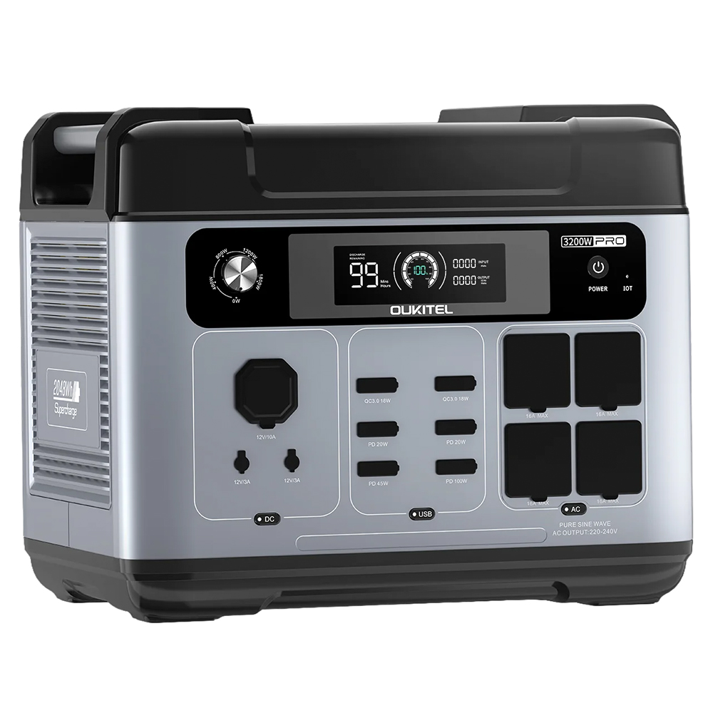 Station d'alimentation portable OUKITEL P2001 Pro 3200 W, batterie LiFePO4 2048 Wh, 4 prises secteur (puissance de cr&ecirc;te de 6400 W), charge ultra-rapide secteur et solaire, onduleur, 4 ports USB-C et 2 ports USB-QC, g&eacute;n&eacute;rateur solaire MPPT pour la maison et l'ext&eacute;rieur