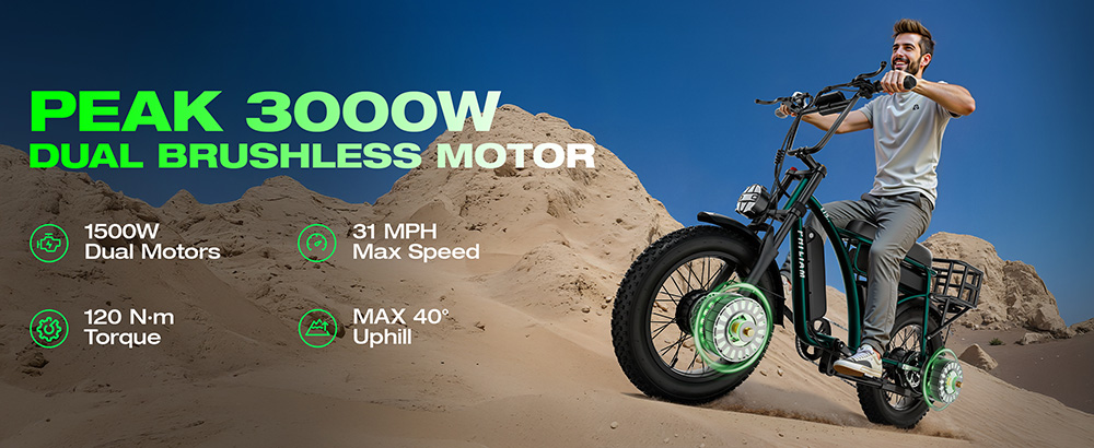 PHILIAM ET9 Dual Motor Electric Bike, 1000W*2 (Peak 3000W), 52V 50Ah Dual Battery, 31MPH Max Speed, 200 Miles PAS Range, 7-Speed Shimano, 4-Piston Hydraulic Brakes, 330LBS Load, All-Terrain Fat Tire E-Bike for Adults