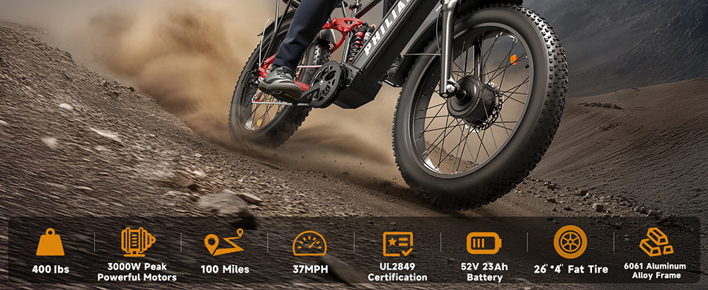 PHILIAM F3 PRO Dual Motor Electric Bike, 1000W*2 (3000W Peak), 52V 23Ah batéria, 37 MPH, 100 Mile Range, 26"×4" Fat Tire, 4-Piston Hydraulic Brakes, Full Suspension, 400lbs Load - Black & Red