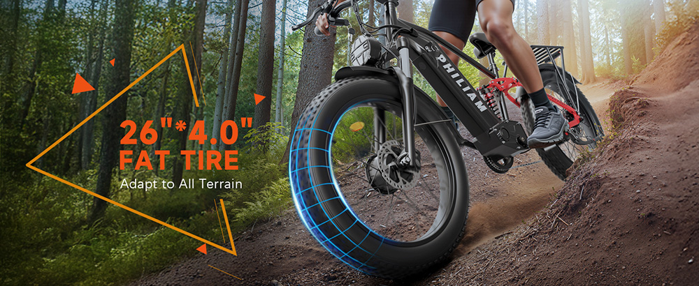 PHILIAM F3 PRO Dual Motor Electric Bike, 1000W*2 (3000W Peak), 52V 23Ah batéria, 37 MPH, 100 Mile Range, 26"×4" Fat Tire, 4-Piston Hydraulic Brakes, Full Suspension, 400lbs Load - Black & Red