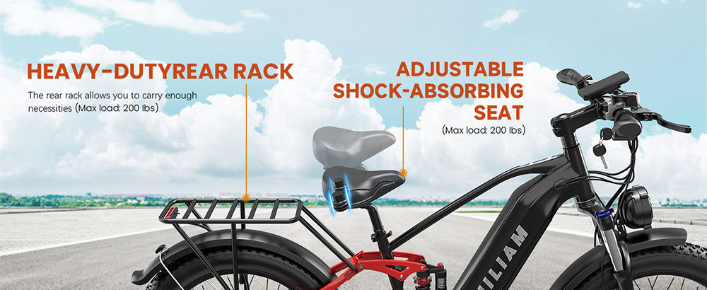 PHILIAM F3 PRO Dual Motor Electric Bike, 1000W*2 (3000W Peak), 52V 23Ah batéria, 37 MPH, 100 Mile Range, 26"×4" Fat Tire, 4-Piston Hydraulic Brakes, Full Suspension, 400lbs Load - Black & Red