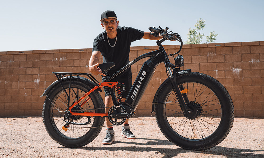 PHILIAM F3 PRO Dual Motor Electric Bike, 1000W*2 (3000W Peak), 52V 23Ah batéria, 37 MPH, 100 Mile Range, 26"×4" Fat Tire, 4-Piston Hydraulic Brakes, Full Suspension, 400lbs Load - Black & Red