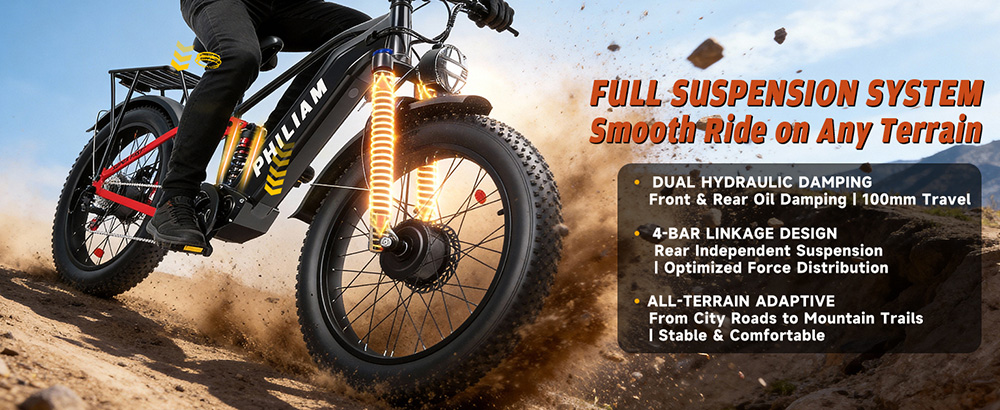 PHILIAM F3 PRO Dual Motor Electric Bike, 1000W*2 (3000W Peak), 52V 23Ah batéria, 37 MPH, 100 Mile Range, 26"×4" Fat Tire, 4-Piston Hydraulic Brakes, Full Suspension, 400lbs Load - Black & Red