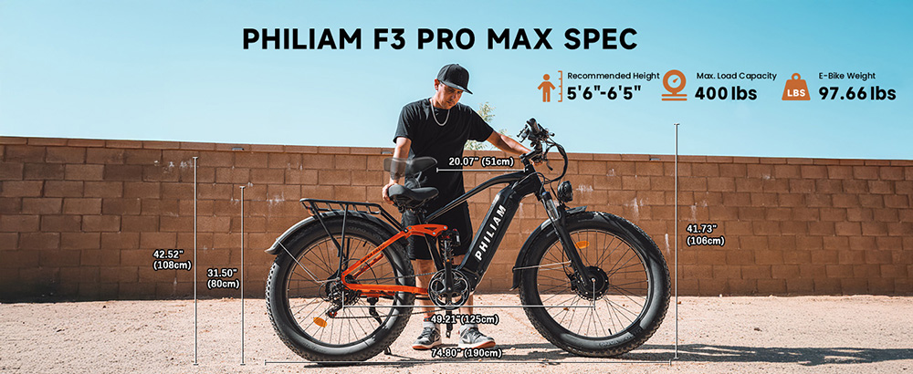 PHILIAM F3 PRO Dual Motor Electric Bike, 1000W*2 (3000W Peak), 52V 23Ah batéria, 37 MPH, 100 Mile Range, 26"×4" Fat Tire, 4-Piston Hydraulic Brakes, Full Suspension, 400lbs Load - Black & Red