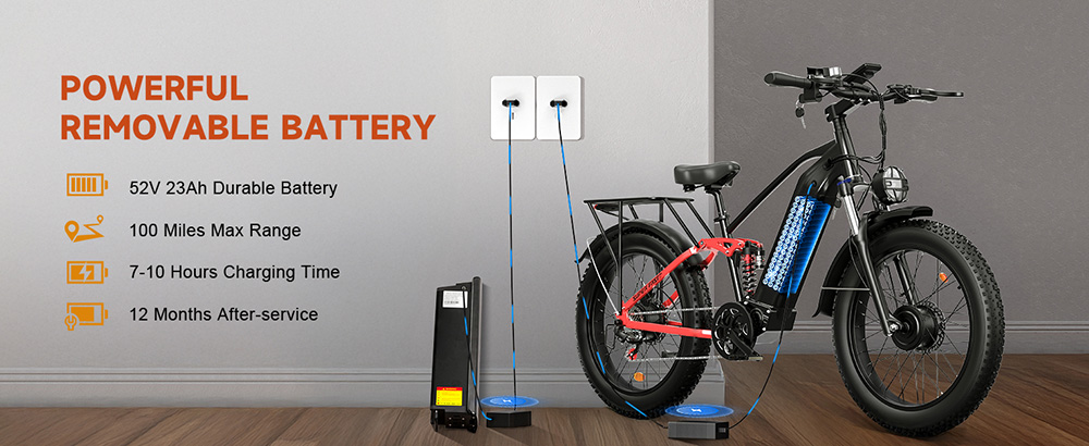 PHILIAM F3 PRO Dual Motor Electric Bike, 1000W*2 (3000W Peak), 52V 23Ah batéria, 37 MPH, 100 Mile Range, 26"×4" Fat Tire, 4-Piston Hydraulic Brakes, Full Suspension, 400lbs Load - Black & Red