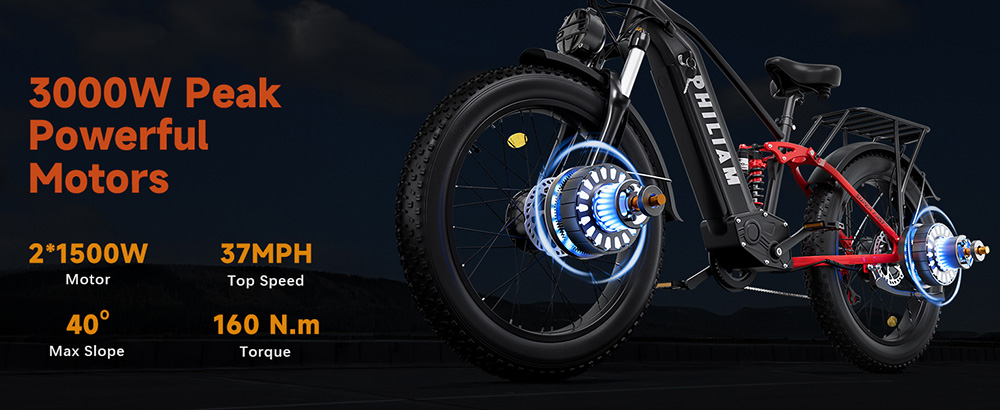 PHILIAM F3 PRO Dual Motor Electric Bike, 1000W*2 (3000W Peak), 52V 23Ah batéria, 37 MPH, 100 Mile Range, 26"×4" Fat Tire, 4-Piston Hydraulic Brakes, Full Suspension, 400lbs Load - Black & Red