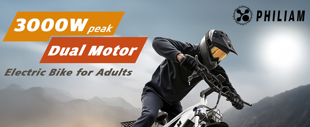 Elektrický bicykel PHILIAM F3 PRO s dvojitým motorom, 1000W*2 (3000W Peak), 52V 23Ah batéria, 37 MPH, 100 míľový dojazd, 26"×4" Fat Tire, 4-piestikové hydraulické brzdy, plné odpruženie, 400lbs záťaž - čierna & biela