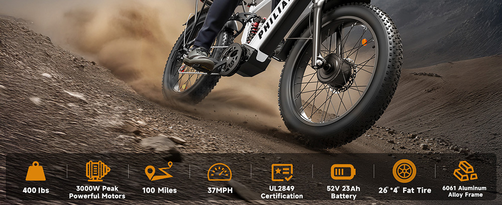PHILIAM F3 PRO Dual Motor Electric Bike, 1000W*2 (3000W Peak), 52V 23Ah batéria, 37 MPH, 100 Mile Range, 26"×4" Fat Tire, 4-Piston Hydraulic Brakes, Full Suspension, 400lbs Load - Black & White