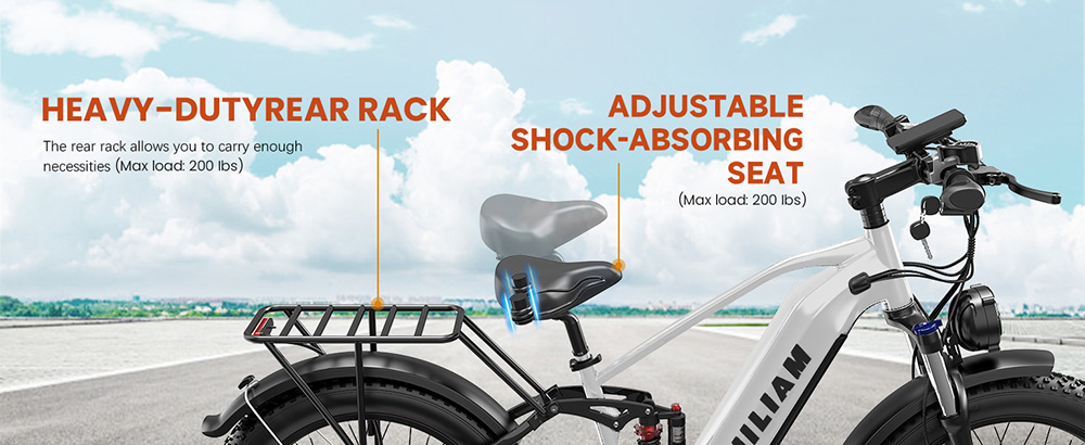 PHILIAM F3 PRO Dual Motor Electric Bike, 1000W*2 (3000W Peak), 52V 23Ah batéria, 37 MPH, 100 Mile Range, 26"×4" Fat Tire, 4-Piston Hydraulic Brakes, Full Suspension, 400lbs Load - Black & White