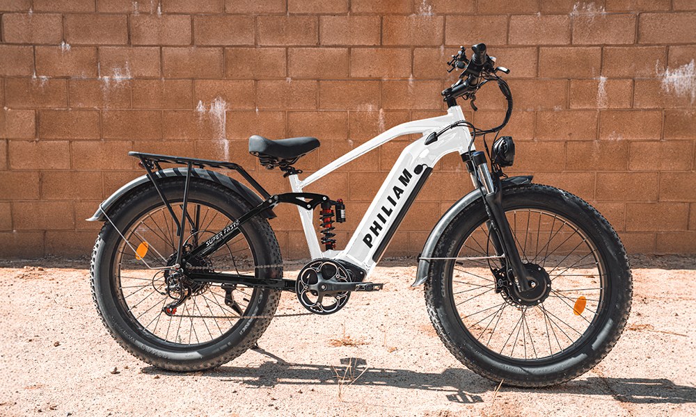 PHILIAM F3 PRO Dual Motor Electric Bike, 1000W*2 (3000W Peak), 52V 23Ah batéria, 37 MPH, 100 Mile Range, 26"×4" Fat Tire, 4-Piston Hydraulic Brakes, Full Suspension, 400lbs Load - Black & White