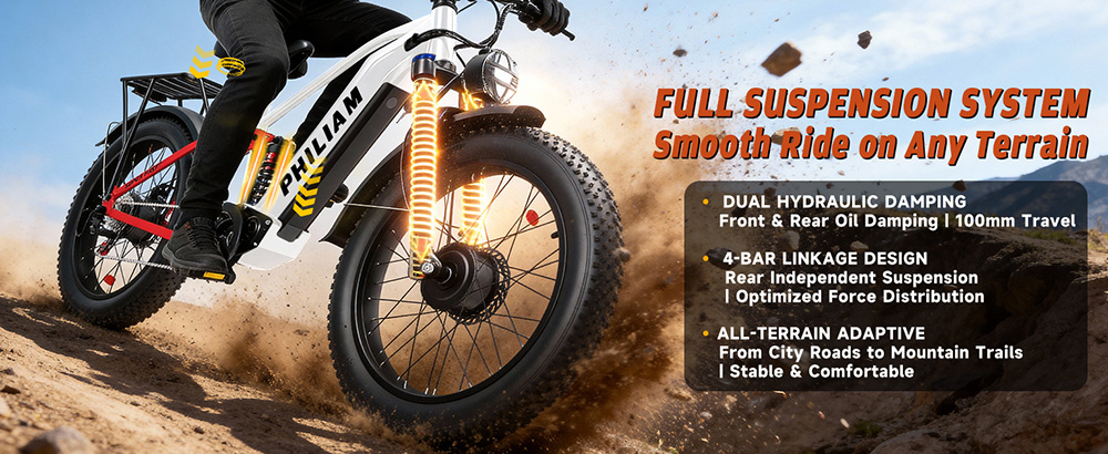 PHILIAM F3 PRO Dual Motor Electric Bike, 1000W*2 (3000W Peak), 52V 23Ah batéria, 37 MPH, 100 Mile Range, 26"×4" Fat Tire, 4-Piston Hydraulic Brakes, Full Suspension, 400lbs Load - Black & White