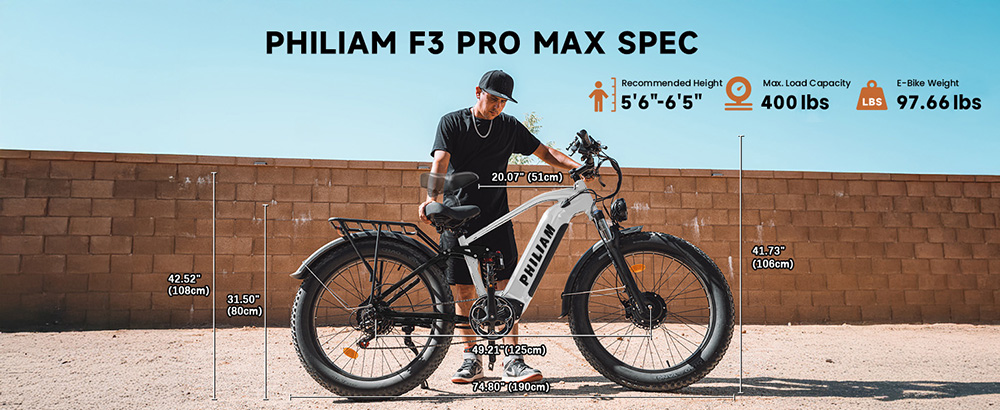 PHILIAM F3 PRO Dual Motor Electric Bike, 1000W*2 (3000W Peak), 52V 23Ah batéria, 37 MPH, 100 Mile Range, 26"×4" Fat Tire, 4-Piston Hydraulic Brakes, Full Suspension, 400lbs Load - Black & White