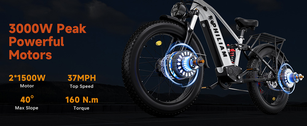 PHILIAM F3 PRO Dual Motor Electric Bike, 1000W*2 (3000W Peak), 52V 23Ah batéria, 37 MPH, 100 Mile Range, 26"×4" Fat Tire, 4-Piston Hydraulic Brakes, Full Suspension, 400lbs Load - Black & White