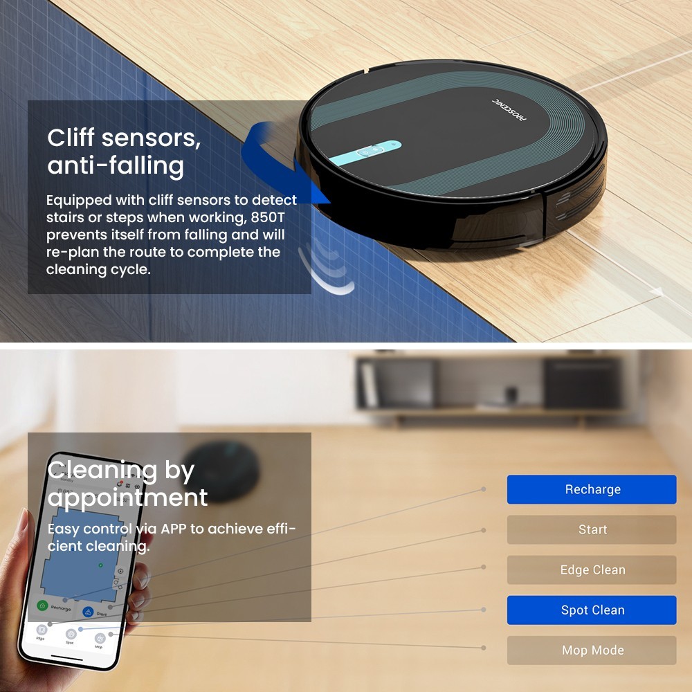 Refurbished Proscenic 850T Smart Robot Cleaner 3000Pa Suction Three Cleaning Modes 250ml Dust Collector 200ml Electric Water Tank Alexa Google Home App Control - Black