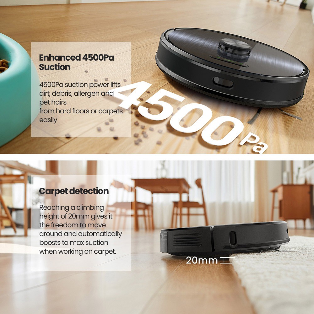 Refurbished Proscenic M9 Robot Vacuum Cleaner Laser Navigation 4500Pa Suction Dual Rotation Mops Carpet Detection 2.5L Dust Bag 5200mAh Battery Max 250 Mins Runtime Google Home Alexa & app control - Black