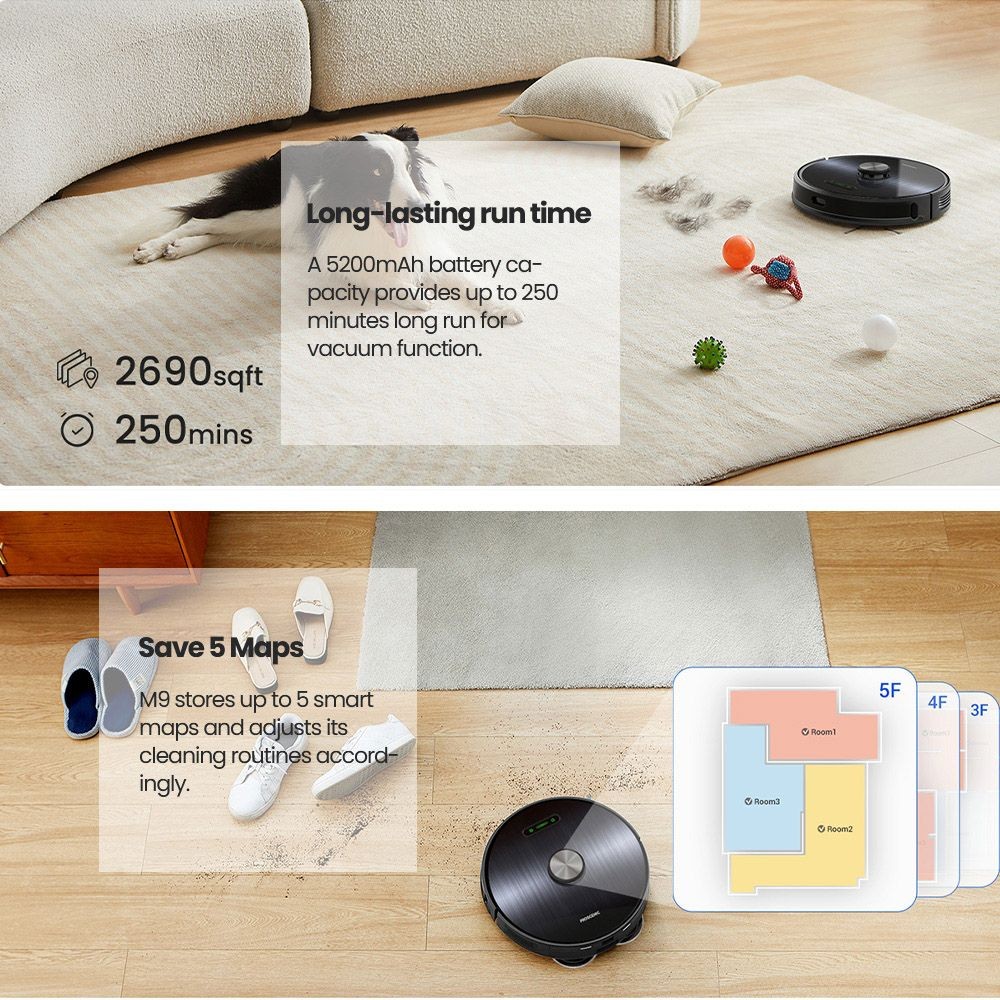 Refurbished Proscenic M9 Robot Vacuum Cleaner Laser Navigation 4500Pa Suction Dual Rotation Mops Carpet Detection 2.5L Dust Bag 5200mAh Battery Max 250 Mins Runtime Google Home Alexa & app control - Black