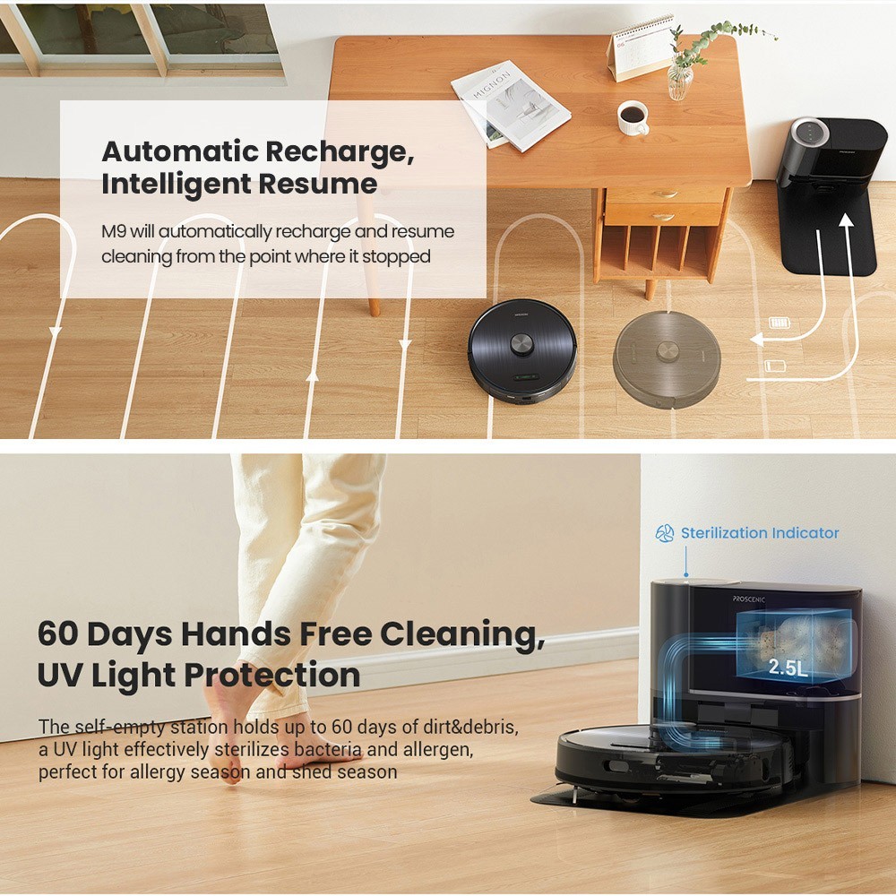 Refurbished Proscenic M9 Robot Vacuum Cleaner Laser Navigation 4500Pa Suction Dual Rotation Mops Carpet Detection 2.5L Dust Bag 5200mAh Battery Max 250 Mins Runtime Google Home Alexa & app control - Black
