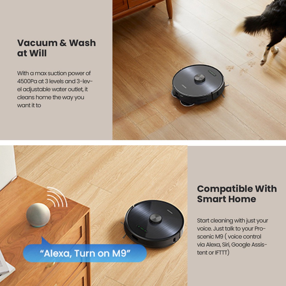 Refurbished Proscenic M9 Robot Vacuum Cleaner Laser Navigation 4500Pa Suction Dual Rotation Mops Carpet Detection 2.5L Dust Bag 5200mAh Battery Max 250 Mins Runtime Google Home Alexa & app control - Black
