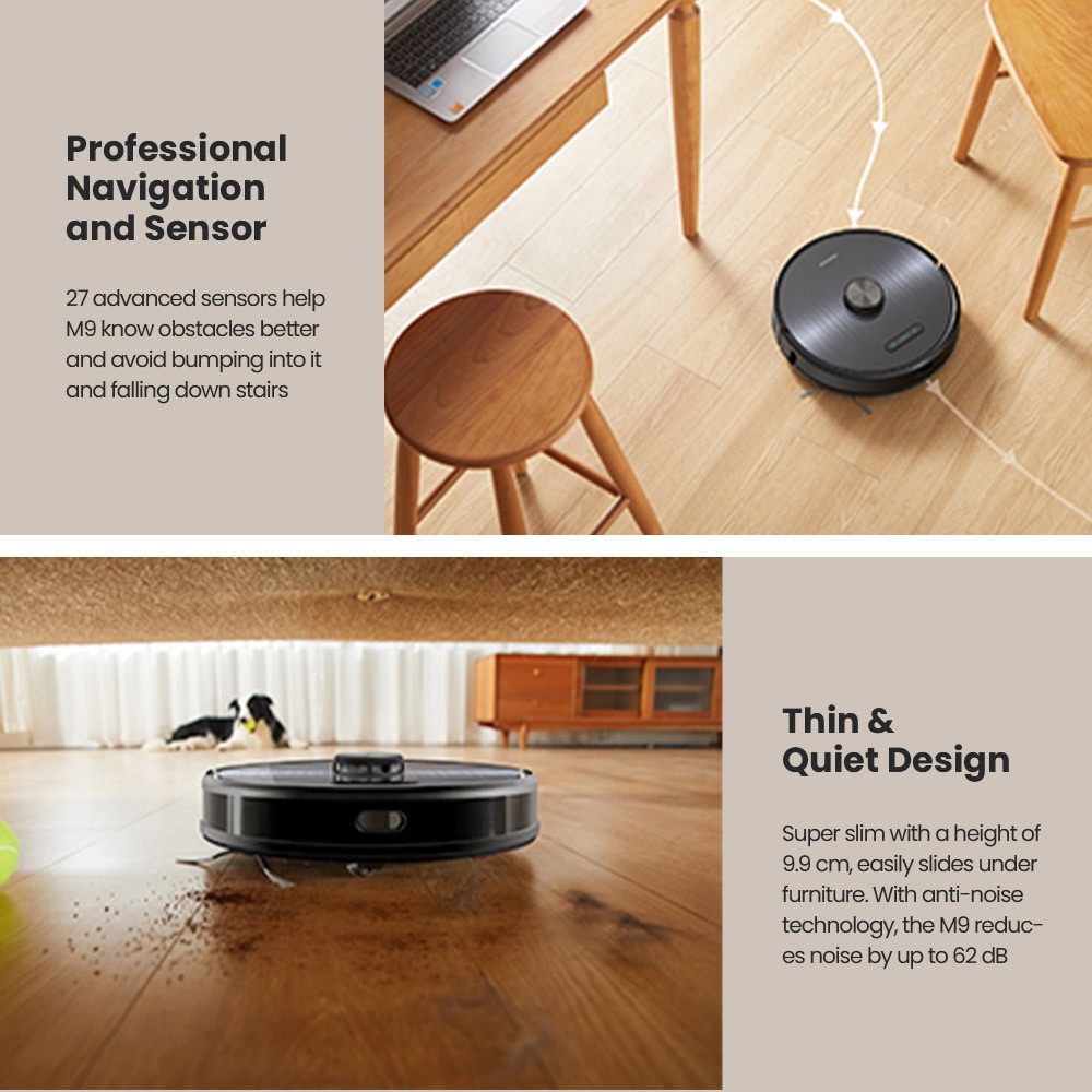 Refurbished Proscenic M9 Robot Vacuum Cleaner Laser Navigation 4500Pa Suction Dual Rotation Mops Carpet Detection 2.5L Dust Bag 5200mAh Battery Max 250 Mins Runtime Google Home Alexa & app control - Black