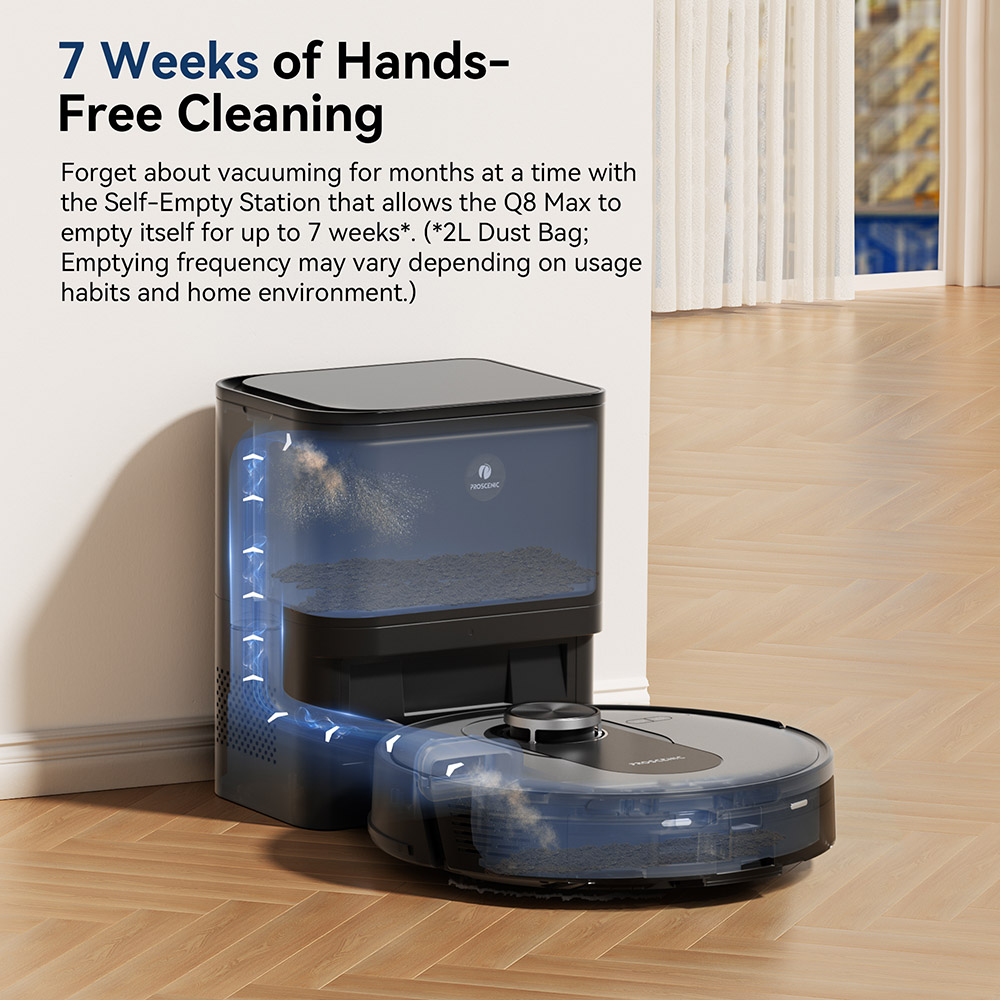 Refurbished Proscenic Q8 Max Robot Vacuum and Mop Combo with Self-emptying Station, Max 4200Pa Suction, 200min Runtime, 3 Cleaning Modes, Smart 360° LiDAR Navigation, APP Control, for Floor, Pet Hair, Carpet