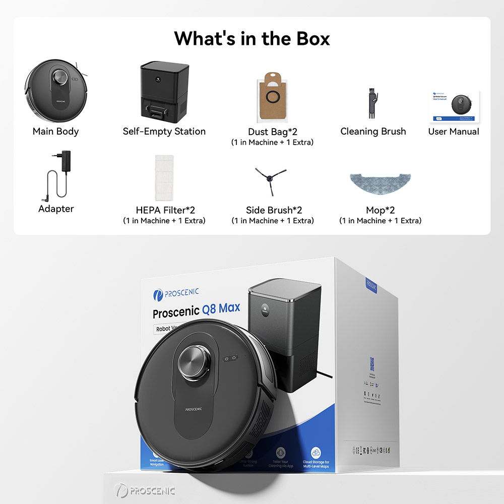 Refurbished Proscenic Q8 Max Robot Vacuum and Mop Combo with Self-emptying Station, Max 4200Pa Suction, 200min Runtime, 3 Cleaning Modes, Smart 360° LiDAR Navigation, APP Control, for Floor, Pet Hair, Carpet