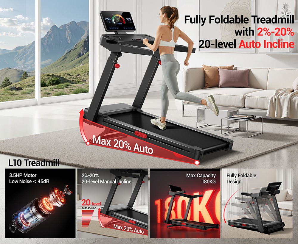 ROBORE L10 Foldable Treadmill, 20% Auto Incline, 3.5HP Brushless Motor, 14km/h Speed, 180kg Capacity, LED Touchscreen with Handrail, Multi-Layer Shock Absorption