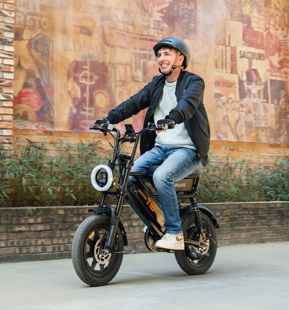 URLIFE T16 Elektrofahrrad, 250-W-Hochleistungsmotor, 48-V-13-Ah-Akku, Reichweite bis zu 100 km, H&ouml;chstgeschwindigkeit 25 km/h, 16'&times;3,0'-Fatbike-Reifen, Vollfederung, Doppelscheibenbremsen, maximale Steigf&auml;higkeit 30&deg;