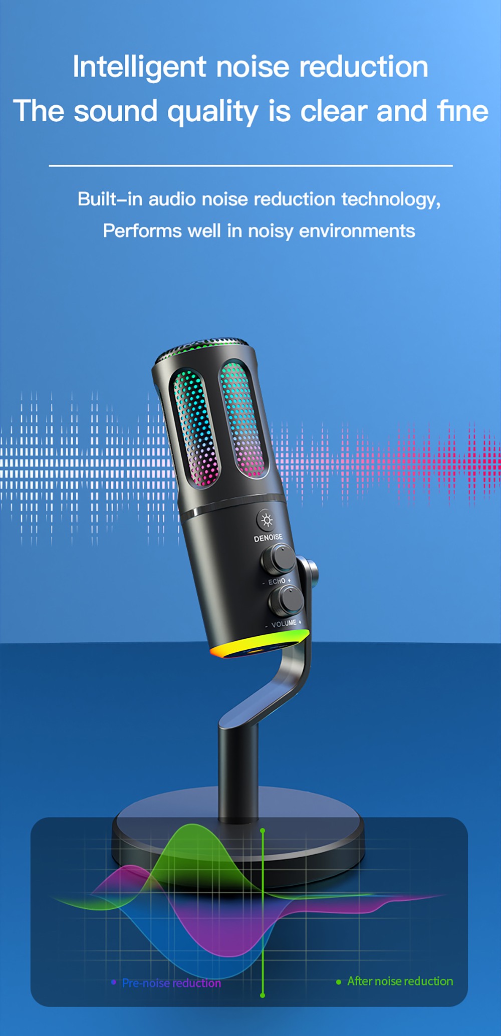 USB-Plug-and-Play-Desktop-Mikrofon mit BP1532B1-Soundkarte, RGB-Beleuchtung, aktiver Ger&auml;uschunterdr&uuml;ckung, Nierencharakteristik, Typ-C-Schnittstelle und 3,5-mm-Kopfh&ouml;reranschluss f&uuml;r Streaming, Gaming und Aufnahmen