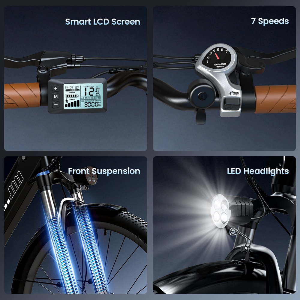 UcityS Electric Bike, 250W Motor, 36V 13Ah Battery, Up to 90km Range, 25km/h Max Speed, 26' Fat Tires, Front Suspension, Dual Disc Brakes, Front & Rear Lights, App Control - Black