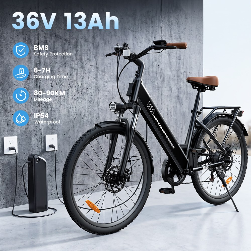 UcityS Electric Bike, 250W Motor, 36V 13Ah Battery, Up to 90km Range, 25km/h Max Speed, 26' Fat Tires, Front Suspension, Dual Disc Brakes, Front & Rear Lights, App Control - Black