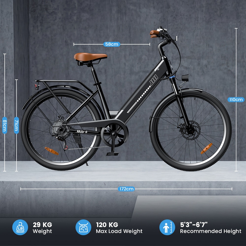 UcityS Electric Bike, 250W Motor, 36V 13Ah Battery, Up to 90km Range, 25km/h Max Speed, 26' Fat Tires, Front Suspension, Dual Disc Brakes, Front & Rear Lights, App Control - Black