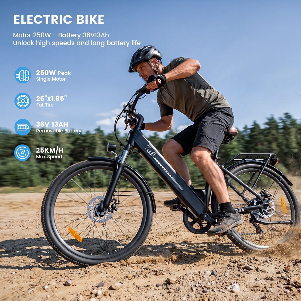 UcityS Electric Bike, 250W Motor, 36V 13Ah Battery, Up to 90km Range, 25km/h Max Speed, 26' Fat Tires, Front Suspension, Dual Disc Brakes, Front & Rear Lights, App Control - Black