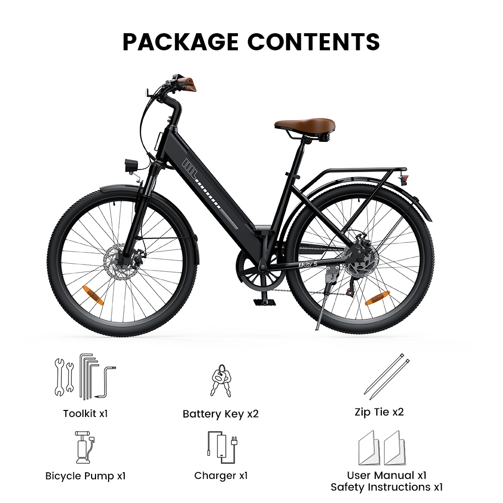 UcityS Electric Bike, 250W Motor, 36V 13Ah Battery, Up to 90km Range, 25km/h Max Speed, 26' Fat Tires, Front Suspension, Dual Disc Brakes, Front & Rear Lights, App Control - Black