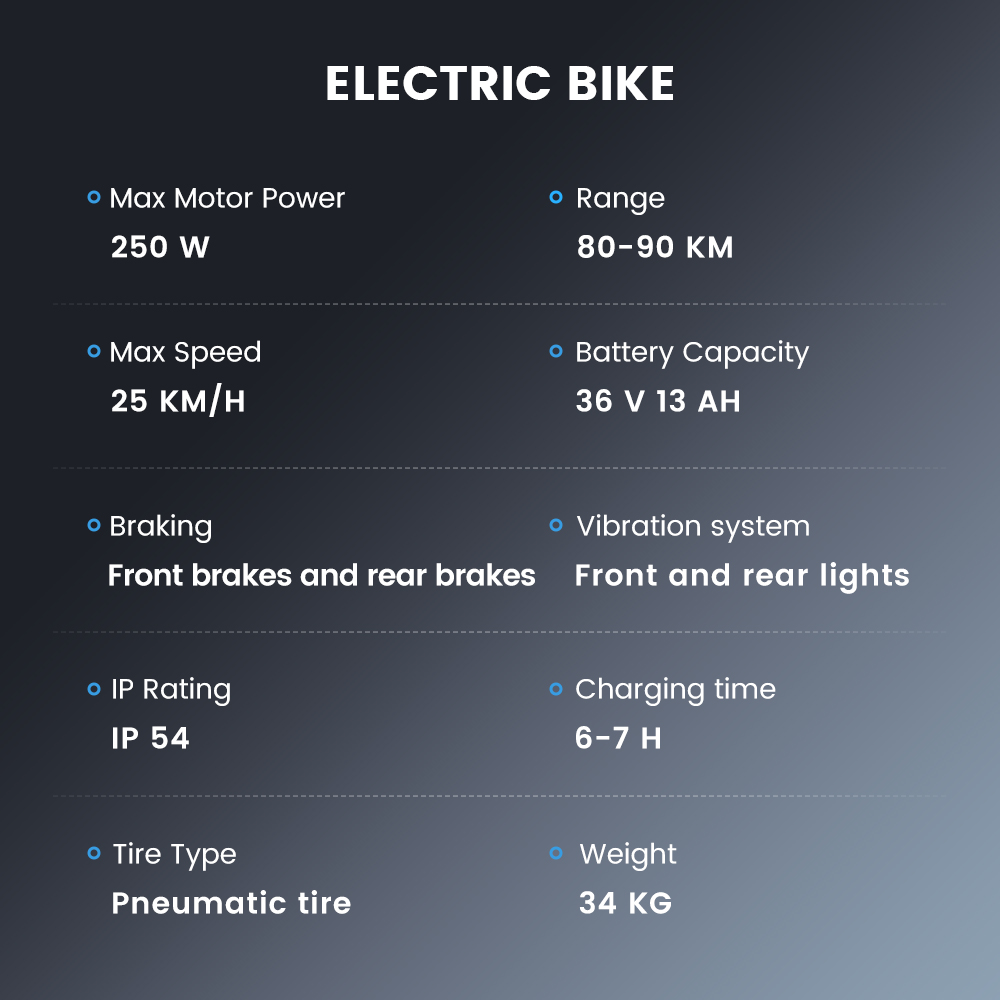 UcityS Electric Bike, 250W Motor, 36V 13Ah Battery, Up to 90km Range, 25km/h Max Speed, 26' Fat Tires, Front Suspension, Dual Disc Brakes, Front & Rear Lights, App Control - Black