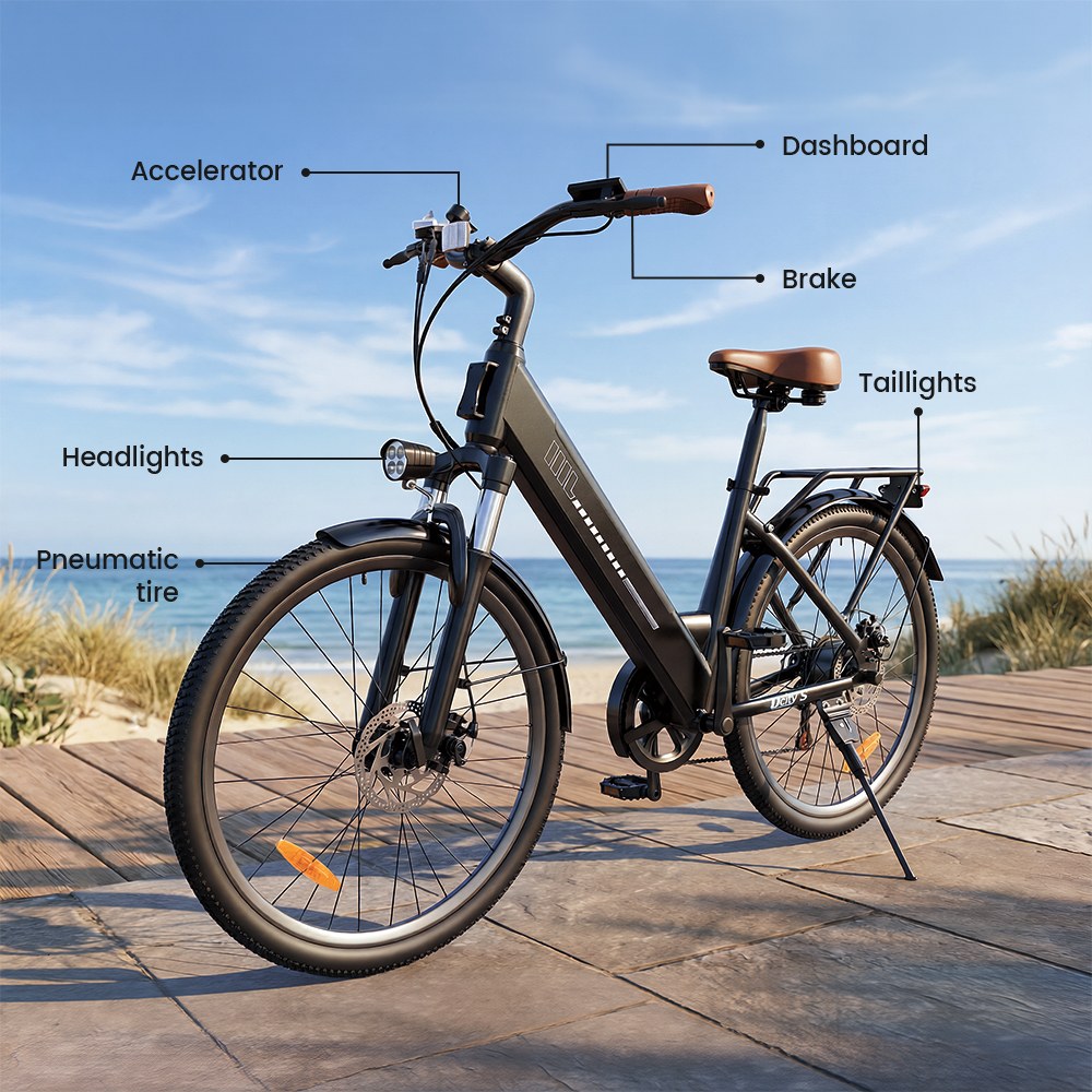 UcityS Electric Bike, 250W Motor, 36V 13Ah Battery, Up to 90km Range, 25km/h Max Speed, 26' Fat Tires, Front Suspension, Dual Disc Brakes, Front & Rear Lights, App Control - Black