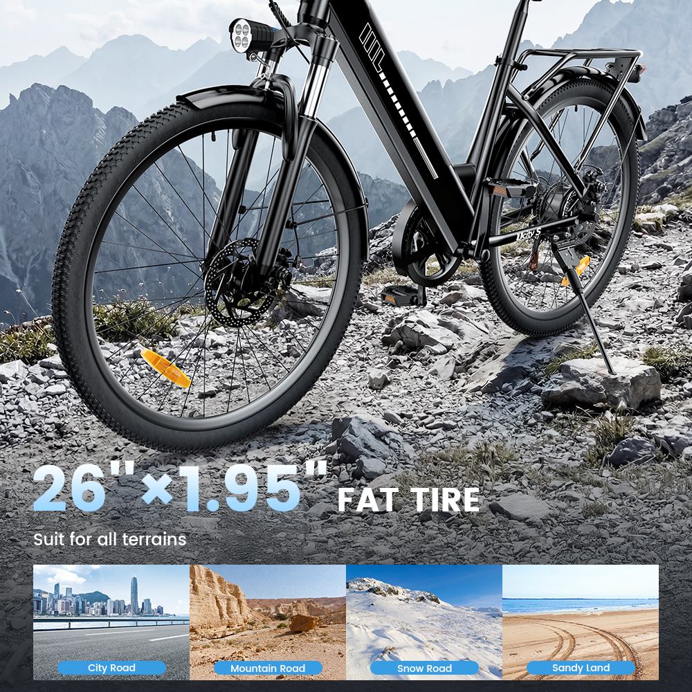 UcityS Electric Bike, 250W Motor, 36V 13Ah Battery, Up to 90km Range, 25km/h Max Speed, 26' Fat Tires, Front Suspension, Dual Disc Brakes, Front & Rear Lights, App Control - Black