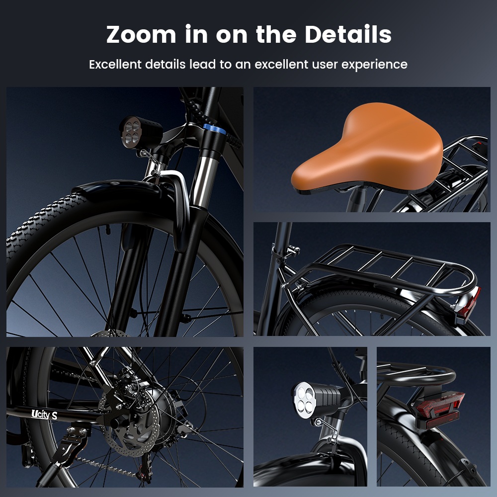 UcityS Electric Bike, 250W Motor, 36V 13Ah Battery, Up to 90km Range, 25km/h Max Speed, 26' Fat Tires, Front Suspension, Dual Disc Brakes, Front & Rear Lights, App Control - Black