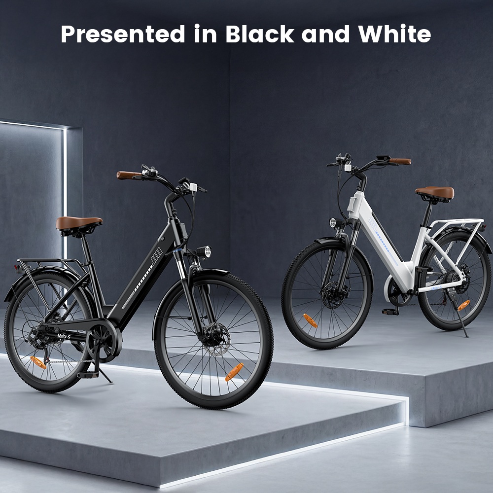 UcityS Electric Bike, 250W Motor, 36V 13Ah Battery, Up to 90km Range, 25km/h Max Speed, 26' Fat Tires, Front Suspension, Dual Disc Brakes, Front & Rear Lights, App Control - Black